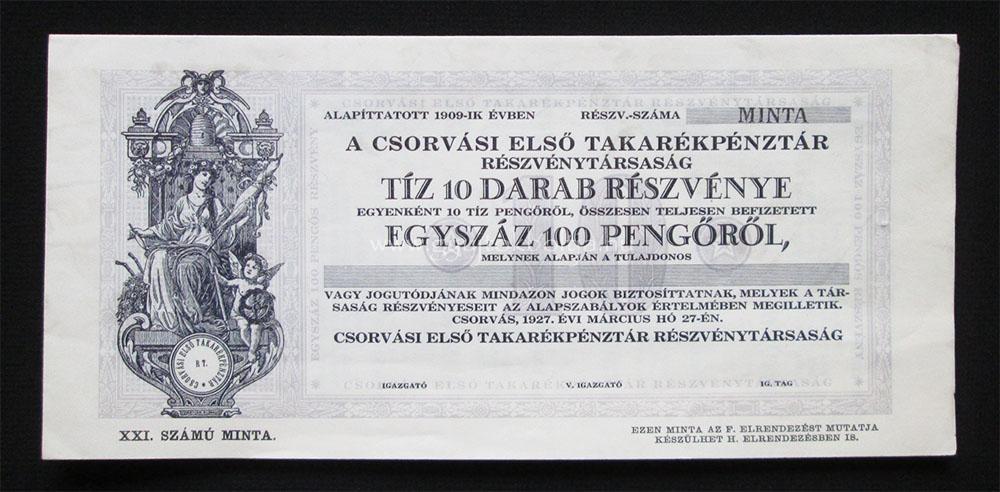 Csorvási Első Takarékpénztár részvény 10x10 pengő 1927 MINTA
